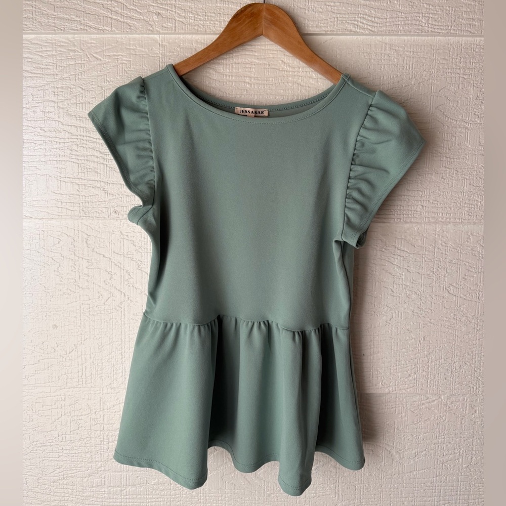 JessaKae Sage Green Peplum Top Small Flutter Sleeve